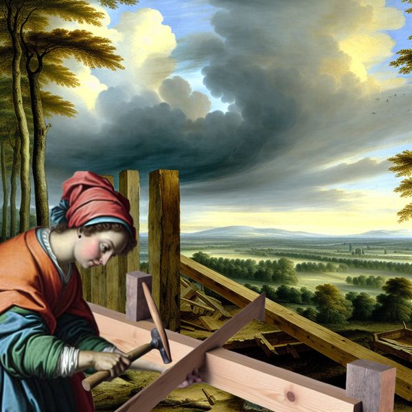 Constructie met rot in prachtig landschap Een ambachtsman gebruikt een rot om een houten structuur te ondersteunen in een majestueus landschap.