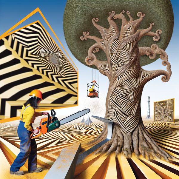 Constructiewerker verwijdert boom in surrealistisch landschap Surrealistische afbeelding van een constructiewerker die een ingewikkeld gevormde boom met een chainsaw omhakt in een geometrisch landschap.