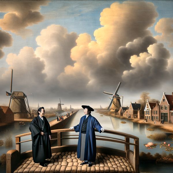17e-eeuws schilderij van contact en sociale interactie in Nederlandse landschap Twee heren in 17e-eeuwse kleding voeren een geanimeerd gesprek op een stenen brug in een schilderachtig Nederlands landschap met windmolen en kerk