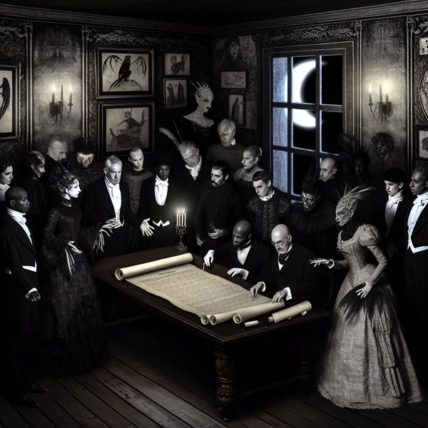 Een groep mensen in formele 19e-eeuwse kleding verzameld rond een grote tafel in een ouderwetse kantoorruimte, verdiept in een contract met gothic ontwerpen.