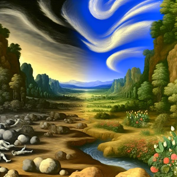 Contrast tussen kansen in een schilderachtig landschap Een schilderachtig landschap met twee valleien, de voorgrond toont een kale vallei met stenen, de achtergrond een groene vallei met bloemen en een rivier, onder een dramatische lucht.