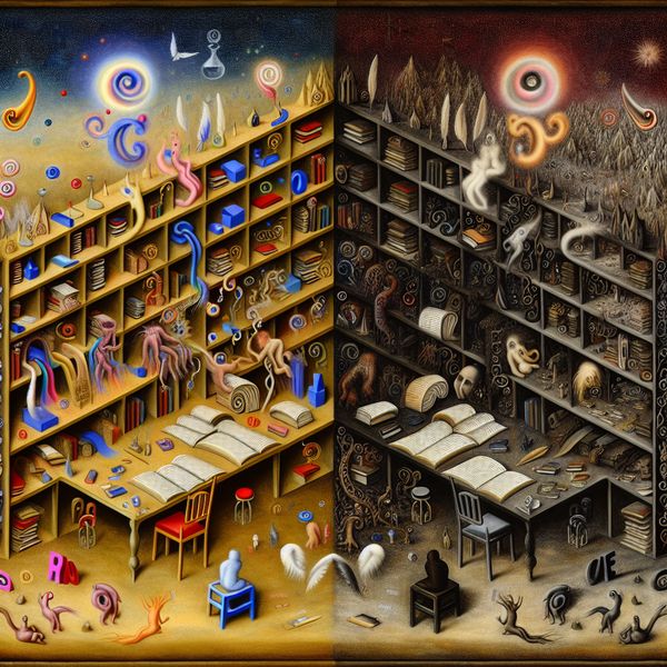 Surrealistisch tafereel van twee schrijfbureaus die contrasterende schrijfstijlen symboliseren: luchtig en informeel versus diepzinnig en serieus, in de stijl van Hieronymus Bosch