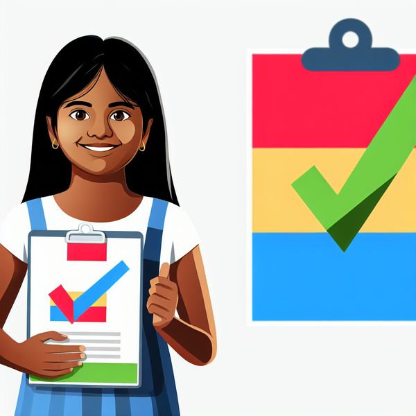 Correct antwoord illustratie voor taalonderwijs en leeractiviteiten Vrolijk meisje met een groot groen vinkje naast een correct beantwoorde vraag op een klembord, minimalistische stijl