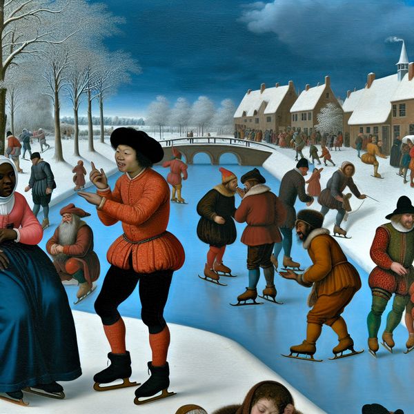 Twee mensen op schaatsen in gesprek op een bevroren kanaal, waarbij de ene persoon een correctie of verduidelijking aangeeft met een handgebaar