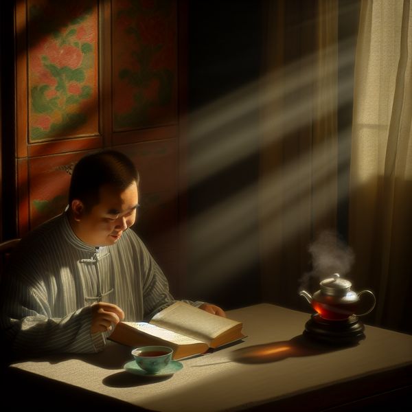 Cozy Leezen: Bevestiging door Kennismaking in een Warm Kamertje Een persoon die nadenkend naar een boek kijkt, omringd door een gezellige en warme sfeer, met een kopje thee op tafel en zacht licht dat door het raam valt.