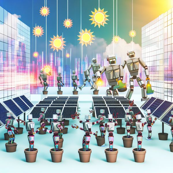 Illustratie van moderne robots die creativiteit en technologie combineren in een futuristische omgeving