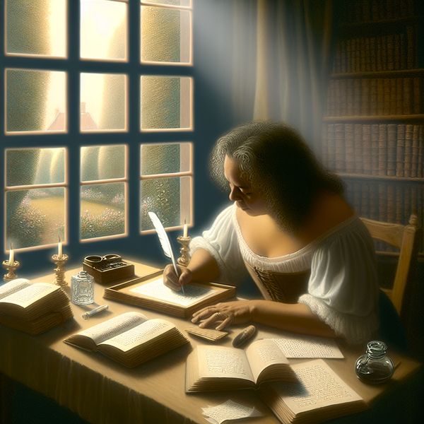 Creatief schrijven in een serene kamer Een schrijver in een rustig verlichte kamer aan een houten bureau, diep geconcentreerd op het schrijven van zinnen, omringd door boeken en papieren.