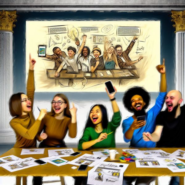 Creatief team viert innovatieve app-ontwerp Creatief team viert hun innovatieve app-ontwerp rond een tafel vol schetsen en digitale apparaten, met blije gezichten en een grote schermopstelling op de achtergrond.