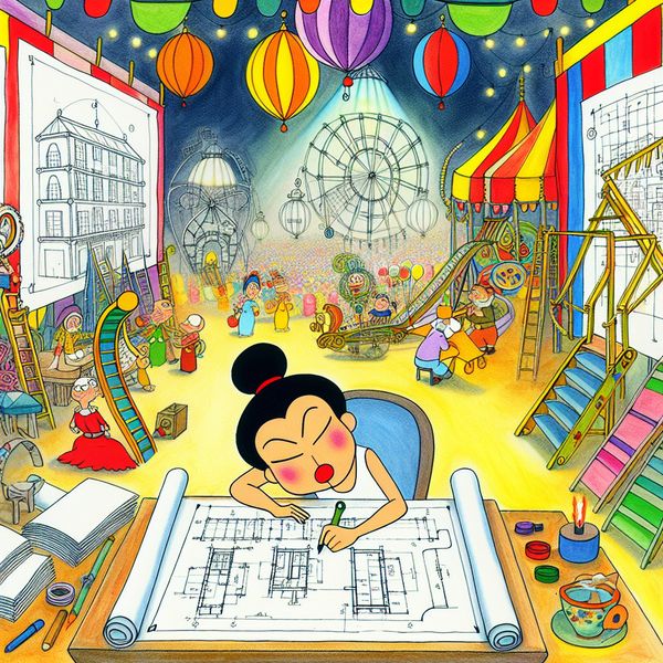 Creatieve architect ontwerpt fantasierijk festivalgebouw Een cartoonachtige architect werkt aan een ontwerp voor een festivalgebouw met kleurrijke blauwdrukken en modellen.
