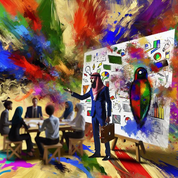 Abstracte uitdrukking van een creatieve brainstormsessie met mensen die ideeën voorstellen op een gloeiend wit bord.