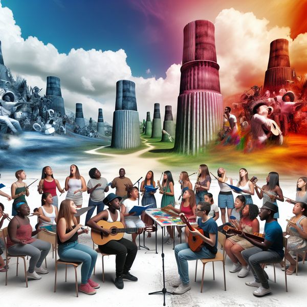 Creatieve buitenworkshop voor muzikanten en kunstenaars Een groep mensen in een artistiek workshop buiten, met activiteiten zoals zingen, spelen van instrumenten en schilderen tegen een surrealistisch landschap.