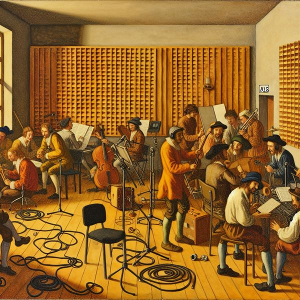 Een drukke studio-inrichting met muzikanten en opnameapparatuur, met geluidsisolatiepanelen gemarkeerd 'ALS'