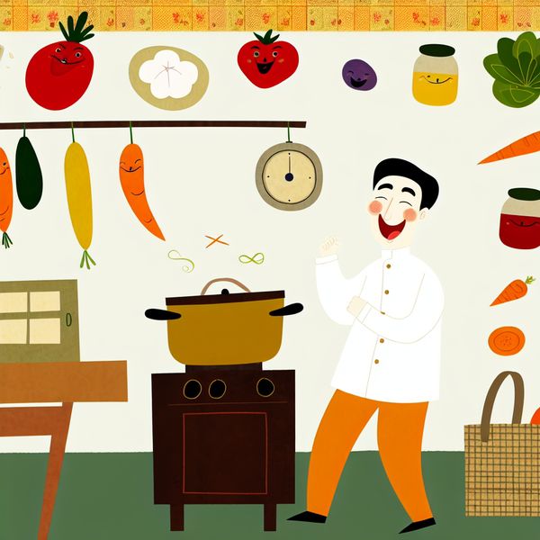 Een chef die blij een pot op het fornuis uitprobeert in een minimalistische keuken, omringd door kleurrijke ingrediënten.