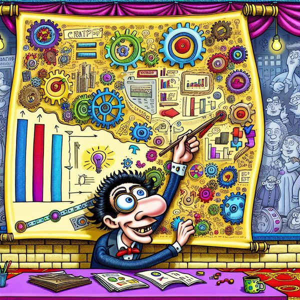 Creatieve directeur weeft strategisch plan in cartoonachtige stijl Een cartoonachtige afbeelding van een directeur die een kleurrijke wandtapijt weeft dat een strategisch plan voor een bedrijf illustreert.