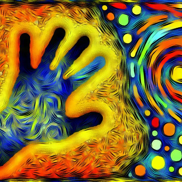 Creatieve Handafdruk in Zand - Abstracte Kunst Abstracte afbeelding van een hand die in een zanderige ondergrond drukt, met kleurrijke patronen en een uitgesproken silhouet.