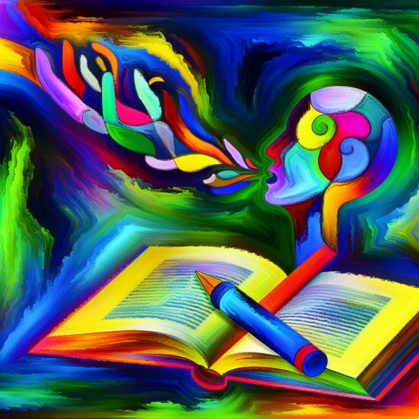 Creatieve illustratie van een bezittelijk voornaamwoord Een abstracte compositie met een groot open boek, levendige kleuren en een hand die een pen vasthoudt