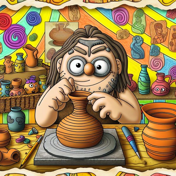 Een kleurige cartoonafbeelding van een personage dat geconcentreerd een klei-vaas vormt in een creatief atelier.