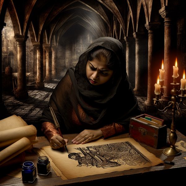 Creatieve kunstenaar tekent met antieke pen Een creatieve persoon die geconcentreerd tekenen met een antieke pen aan een oud houten tafel, omringd door gothic elementen zoals schaduwrijke bogen en flikkerende kaarsen.