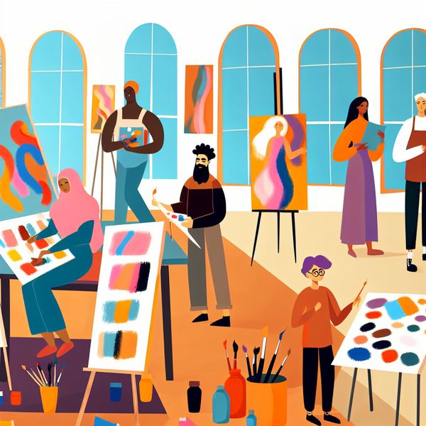 Creatieve kunstenaars aan het werk in een kleurrijke studio Een diverse groep kunstenaars van verschillende leeftijden werkt aan unieke kunstwerken in een kunststudio.