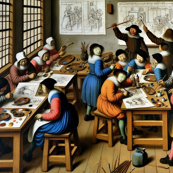 Drukke klaslokaalscène met studenten die aan creatieve projecten werken, kleurrijke verf en penselen gebruiken.