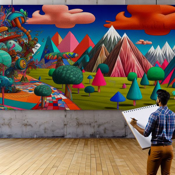 Creatieve Muurtekening met Fantasierijk Landschap Een grote, kleurrijke mu mural met een fantasierijk landschap en een persoon die enthousiast aan het schetsen is.