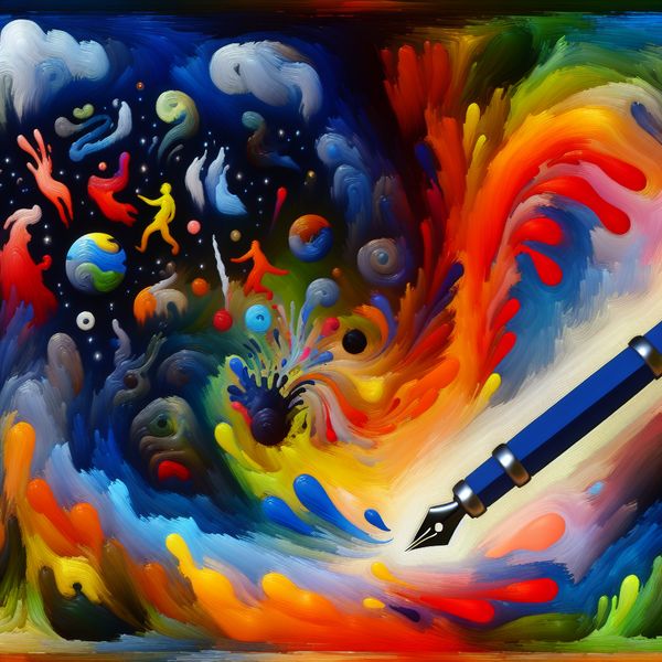 Abstracte voorstelling van een schrijverspen die verandert in een kleurrijke wereld vol vormen en creativiteit.