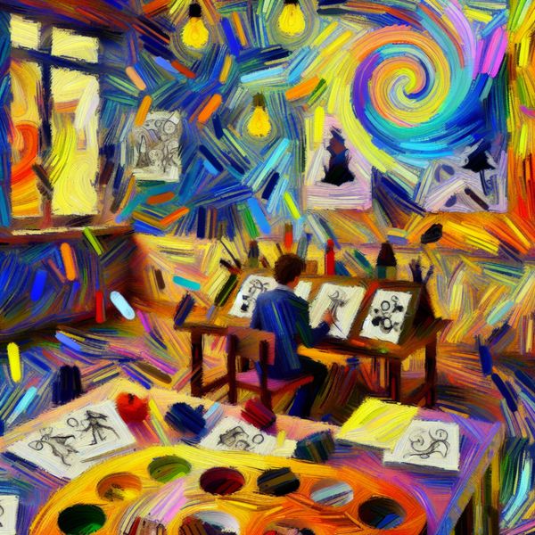 Creatieve persoon ontwerpt innovatief spel in levendige klasomgeving Kleurvolle abstracte scène van een creatieve persoon in een klaslokaal die een innovatief spel ontwerpt