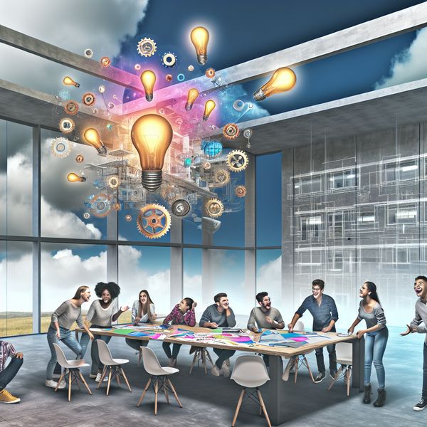 Creatieve samenwerking in moderne klas Diverse studenten werken samen in een moderne klas met kleurrijke papieren en ideeën lichtjes in de lucht.