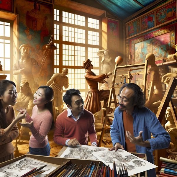 Samenwerking in een creatieve studio Een diverse groep mensen werkt samen in een zonnige studio met creatieve materialen, schetsen en gesprekken.