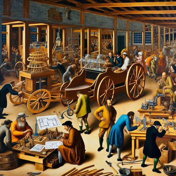 Creatieve samenwerking in een innovatieve werkplaats Een levendige werkplaats waar een diverse groep uitvinders en ambachtslieden samenwerkt aan de modernisering van een houten kar, met tools en blauwdrukken in beeld.