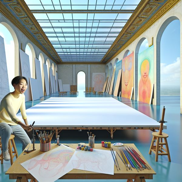 Creatieve Start van een Kunstproject in een Inspirerende Studio Een jonge kunstenaar in een heldere studio, klaar om aan een nieuw kunstwerk te beginnen met een grote lege canvas.