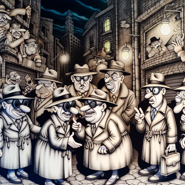 Cartoonstijl illustratie van een criminele bende in een donkere steeg met verdachte figuren in trenchcoats en hoeden die illegale pakketjes uitwisselen