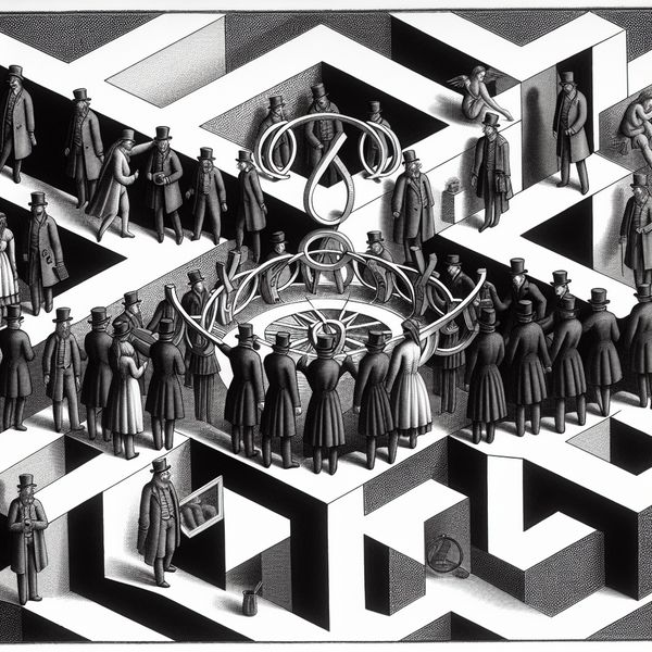 Surrealistisch kunstwerk in de stijl van M.C. Escher met een labyrint van donkere figuren die een criminele ring vormen door illegale uitwisselingen van geld en drugs