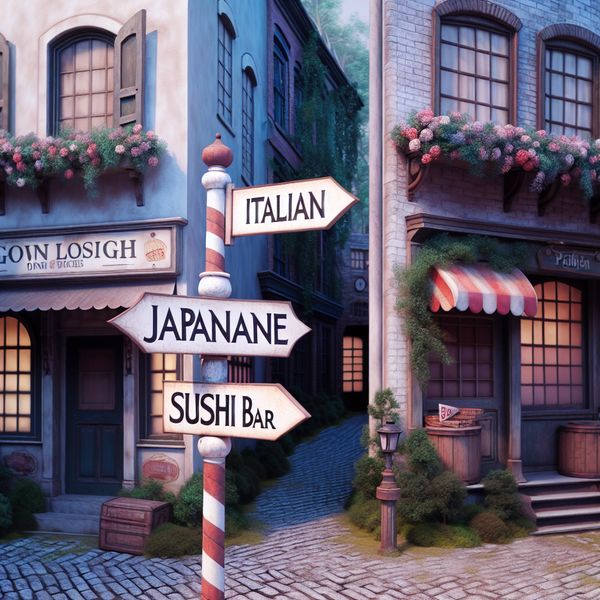 Keuzemogelijkheden in culinaire ervaringen: Italiaans of Japans Romantische straat met een kruispunt en borden naar Italiaanse en Japanse eetgelegenheden