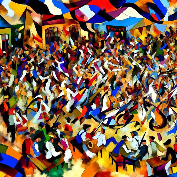 Vibrant Cultureel Festival Abstractie Abstracte weergave van een levendig cultureel festival met dansers en muziek, vol beweging en kleur.