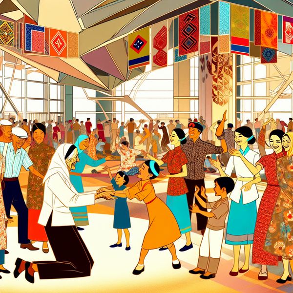 Traditionele Cultuur Festival met Diverse Generaties Een groep diverse mensen, waaronder een oudere vrouw die kinderen traditionele dansbewegingen leert tijdens een cultureel festival, met kleurrijke versieringen en achtergronden van moderne en klassieke gebouwen.