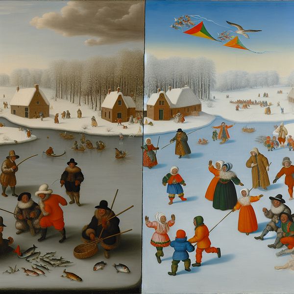 Culturele Contrasten op Bevroren Meer in Winterlandschap Winterlandschap geïnspireerd door Hendrick Avercamp met twee culturele groepen aan weerszijden van een bevroren meer.
