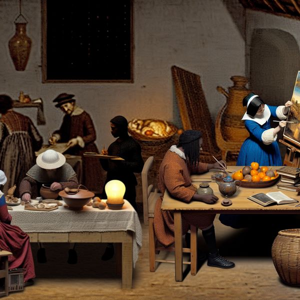 Culturale Diversiteit in een Vermeer-geïnspireerde Scène Een diverse groep mensen engaged in culturele activiteiten in een Vermeer-geïnspireerde setting