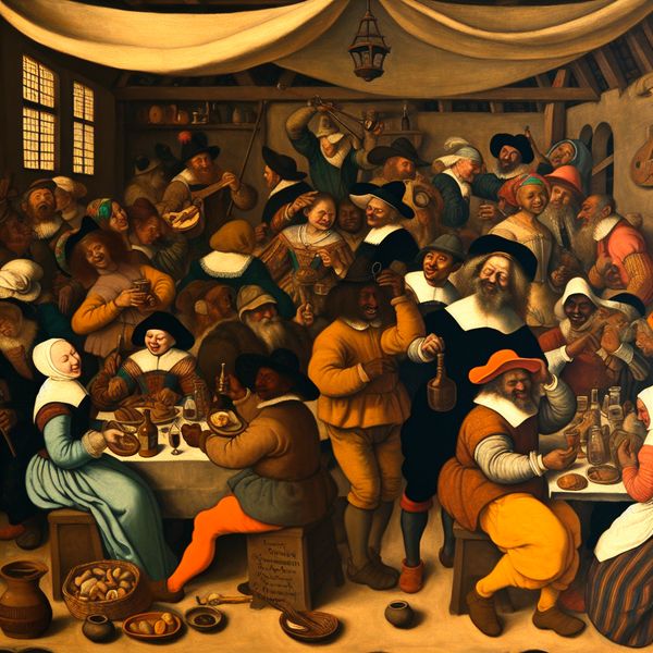 Culturele diversiteit en samenleving in levendige marktscène Drukke marktscène in de stijl van Jan Steen met mensen uit verschillende culturen die praten, eten delen en goederen uitwisselen, illustrerend de diversiteit en eenheid in de samenleving
