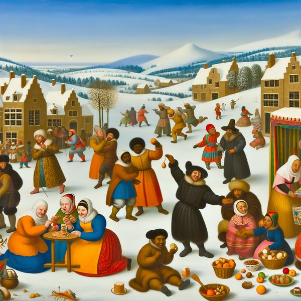 Culturele Ervaringen in een Winterlandschap Een levendig winterlandschap met een diverse groep mensen die lokale gerechten proeven en deelnemen aan traditionele dansen.
