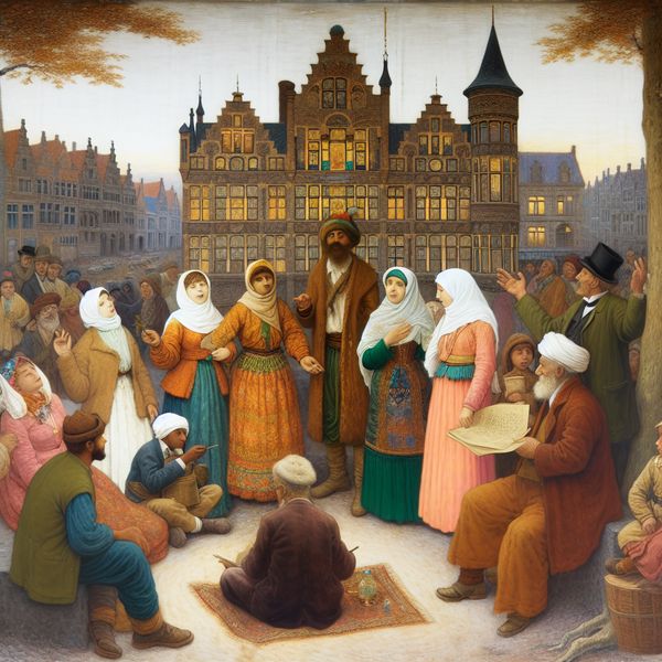 Cultuur en Lidmaatschap op een Stadsplein Een gezellige groep mensen in traditionele kleding die culturele activiteiten uitvoeren op een stadsplein, omringd door een historisch gebouw.