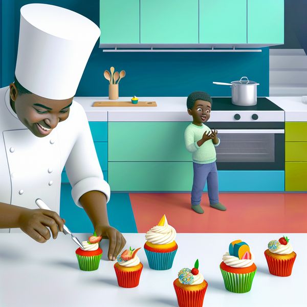 Kleurrijke cupcakes decoreren met vanille-ijs Een chef die kleurrijke cupcakes met een laagje vanille-ijs op een keukenblad versiert, terwijl een kind nieuwsgierig toekijkt.