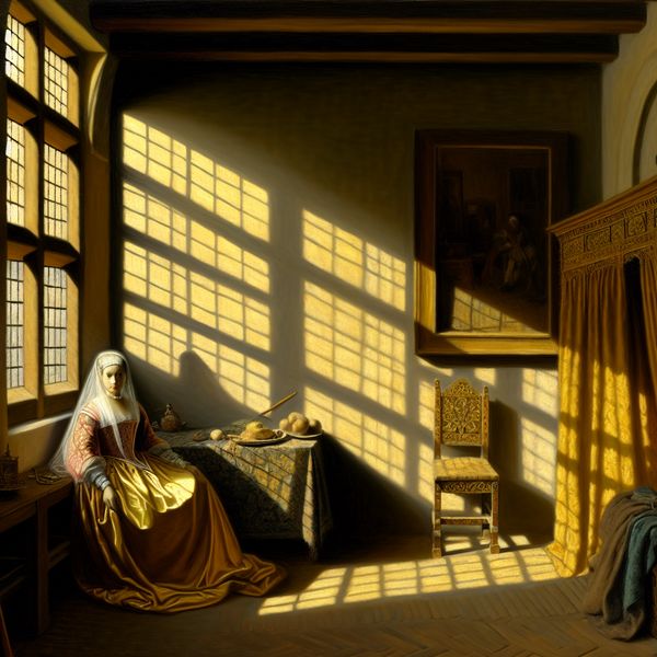 Daglicht in 17e-eeuws Nederlands interieur: schilderij in stijl van Gerard ter Borch Schilderij van een elegante 17e-eeuwse Nederlandse vrouw in een satijnen jurk, staand in een zonovergoten kamer met daglicht dat door grote ramen naar binnen stroomt
