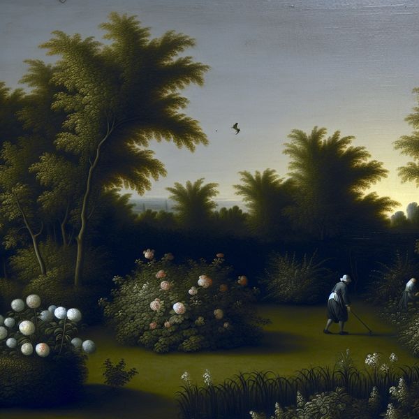Daglicht in de tuin: serene 17e-eeuwse Nederlandse tuinscène met bloemen en zacht zonlicht 17e-eeuwse Nederlandse tuinscène met persoon die in daglicht werkt tussen bloemen en groen, in stijl van Gerard ter Borch