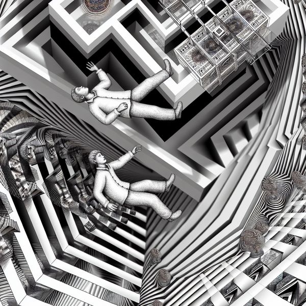 Surrealistische illustratie van het woord 'dalen' met een figuur die door zwaartekrachtloze trappen naar beneden zakt in de stijl van M.C. Escher
