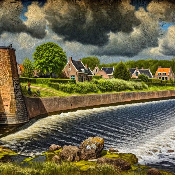 Robuuste stenen dam beschermt Nederlands dorp tegen overstromingen Een robuuste stenen dam die een pittoresk Nederlands dorp beschermt tegen overstromingswater, met weelderige groenval en dramatische wolken erboven.