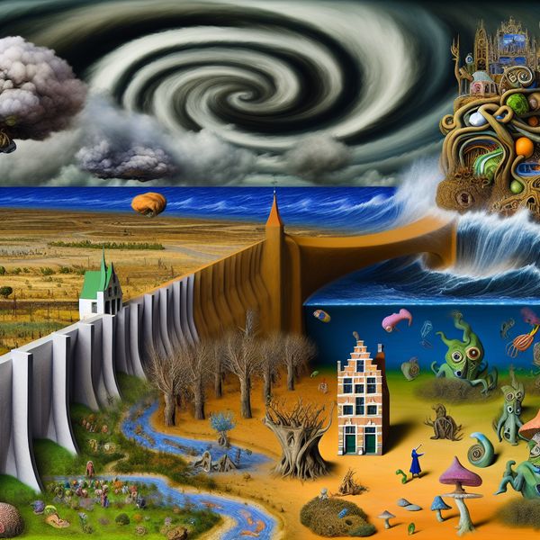 Dam tegen overstromingen in surrealistisch landschap Een fantasierijke dam in een surrealistisch landschap houdt een woelige overstroming tegen.