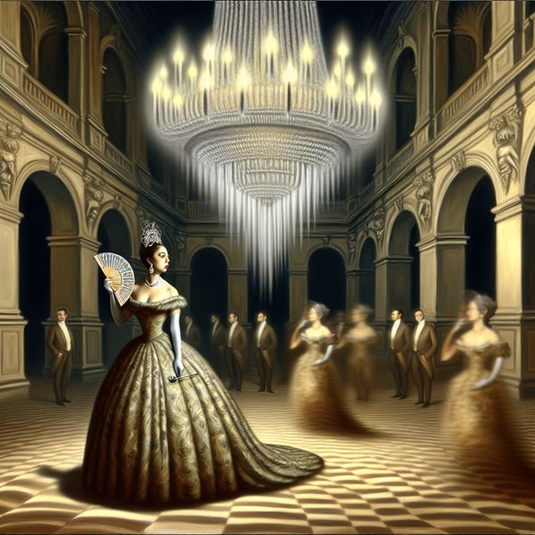 Dame in formele rol: symboliek van ceremonie en strategisch spel Elegante dame in formele balzaal met chique jurk en tiara, symboliserend een officiële rol in een ceremonie of spel
