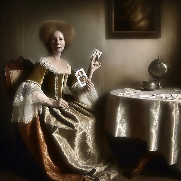 Dame van harten: symboliek van status en elegantie in 17e-eeuws kaartspel 17e-eeuwse Nederlandse dame in luxe kleding houdt de dame van harten vast tijdens een kaartspel in een verfijnd interieur