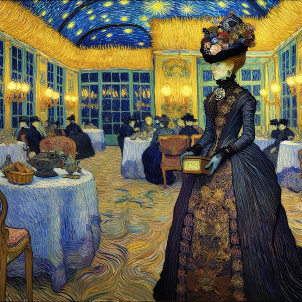 Dame van stand in liefdadigheidsrol - Van Gogh-geïnspireerd schilderij Schilderij in Van Gogh-stijl van een elegante dame van stand die liefdadigheidswerk verricht in een weelderige 19e-eeuwse setting